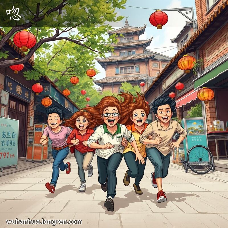 一群朋友在武汉老街上快速奔跑，风吹动树叶和衣服，背景有红砖墙和小摊贩