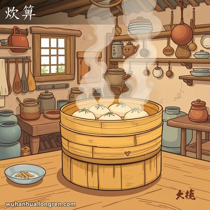 传统武汉厨房中，竹蒸笼放在木桌上，蒸汽冒出，背景有老式厨具和窗户。