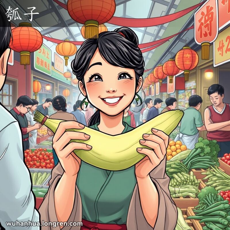 一位妇女在武汉市场上展示细长的淡绿色蔬菜，背景是热闹的市场摊位和传统装饰。