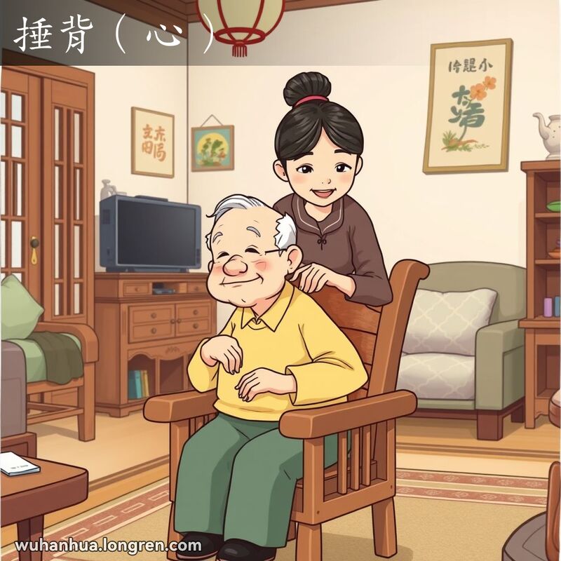一位老人坐在椅子上，年轻家人在背后轻轻敲打他的背部，表情关怀备至，背景是温馨的家庭场景