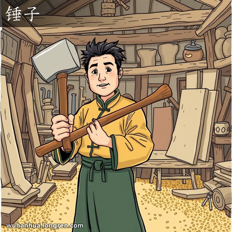 一位身穿传统中式服装的男子手持大锤子，站在工作坊中，背景有工具和木板