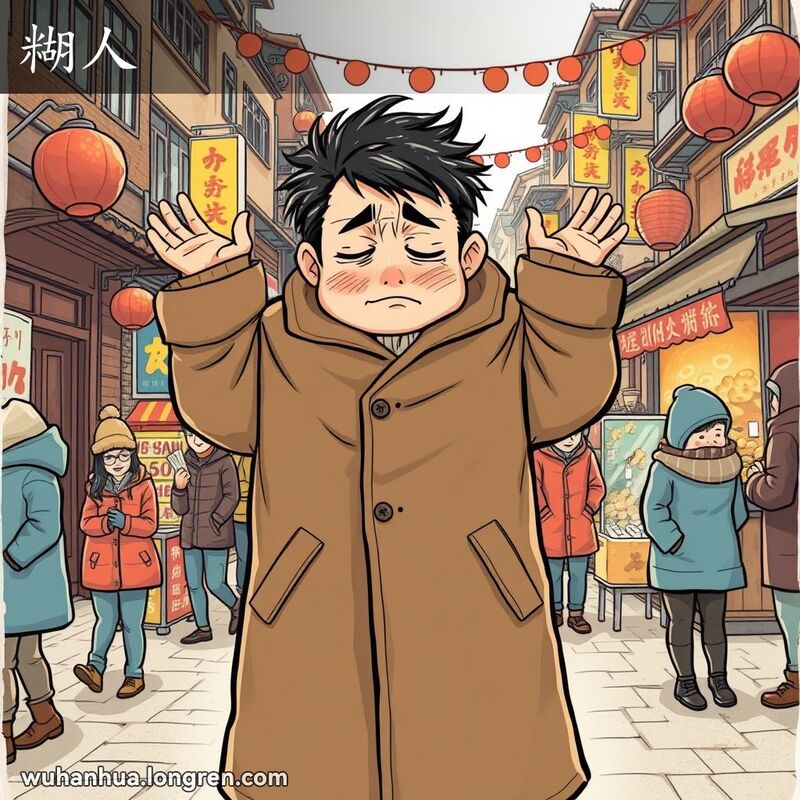 一个人在武汉街头穿着厚重的冬衣，显得非常不舒服和行动不便，背景是热闹的武汉老街景