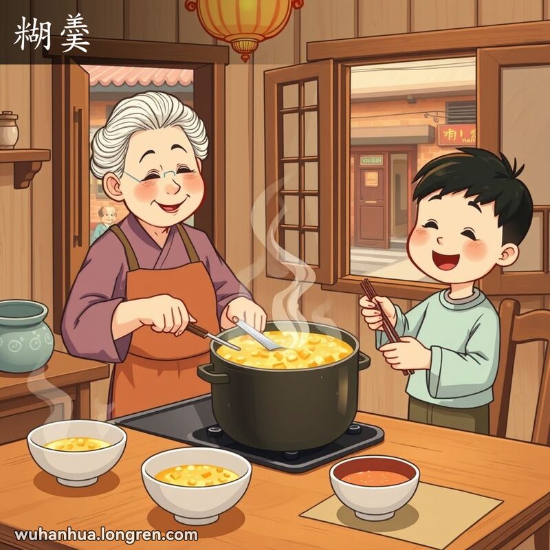 一位武汉奶奶在厨房里搅拌玉米面和南瓜糊羮，孙子在一旁期待地拿着碗和勺子，背景是武汉老街景。