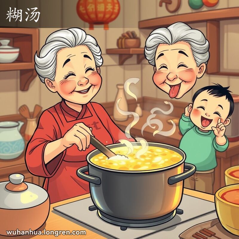 一位奶奶在厨房里搅拌一锅粘稠的汤，背景中小孩调皮地模仿她的动作，画面温馨幽默。