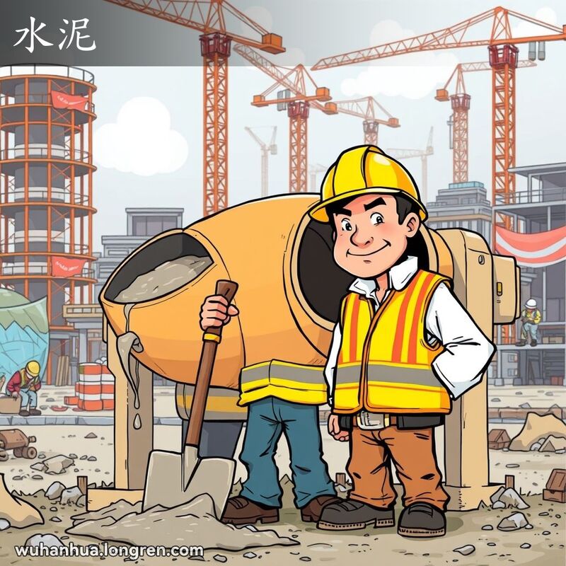 一位武汉建筑工人站在混凝土搅拌机旁，手持铁锹准备倒出湿水泥，背景是繁忙的建筑工地