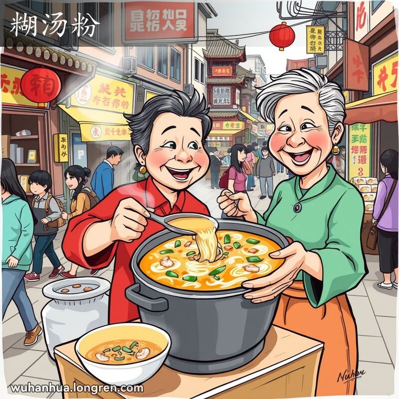 武汉街头小摊贩售卖糊汤粉，摊主正在舀汤，背景是热闹的街市