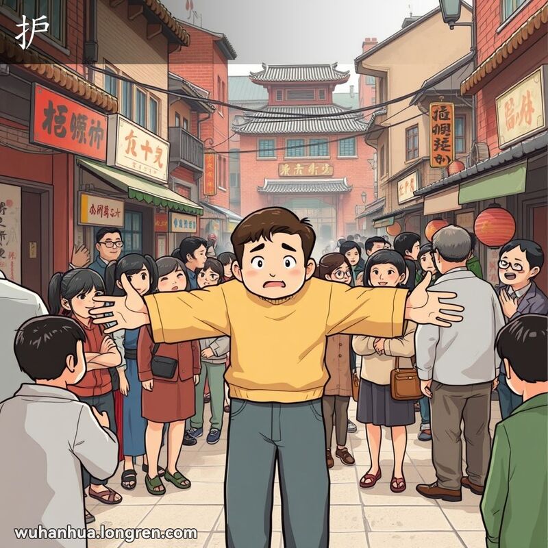 一位武汉市民在街头保护一位遇到困境的人，背景是武汉老街景