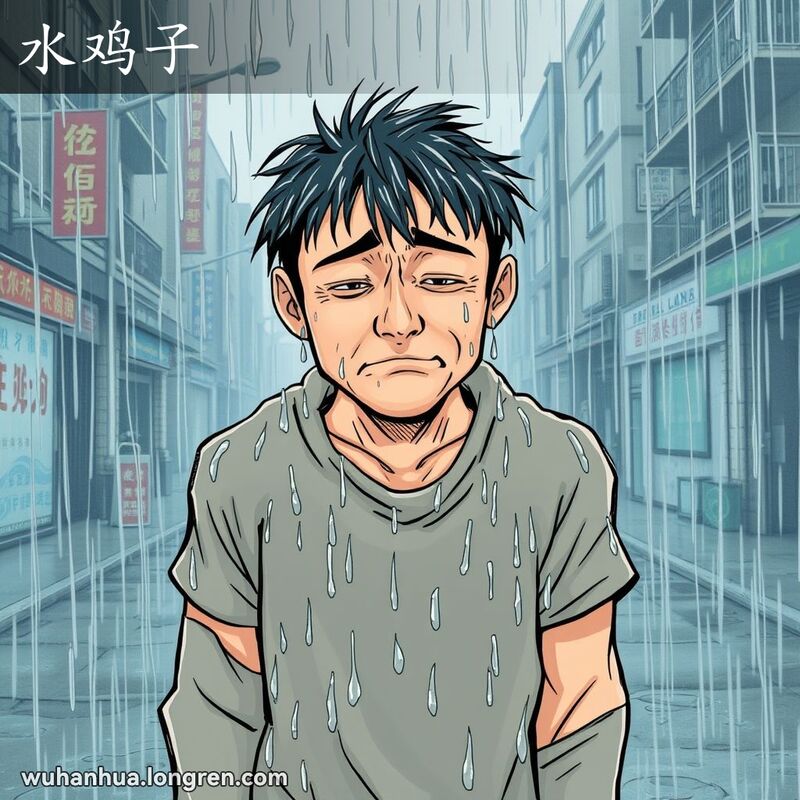 一个男子在大雨中被淋得全身湿透，表情狼狈，背景是武汉街头的暴雨场景