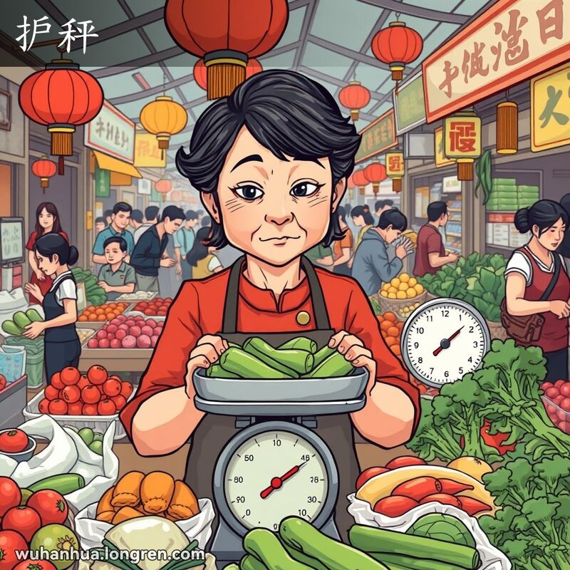 一位武汉市场的蔬菜摊贩正在精心调整秤的重量，背景是热闹的市场场景