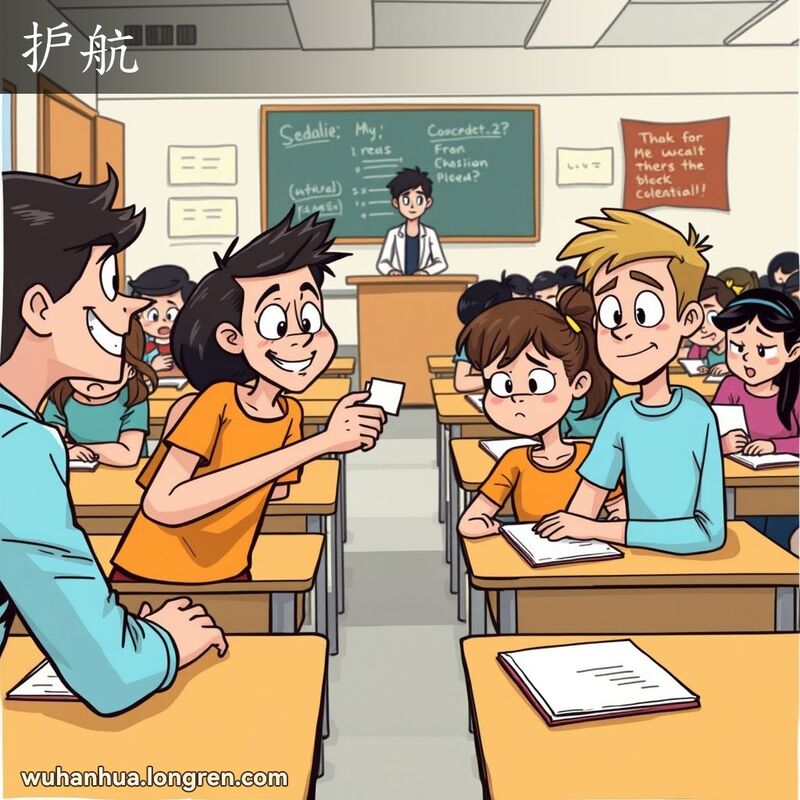 考试作弊场景，主角偷偷传小抄给同学，背景是紧张的考场环境