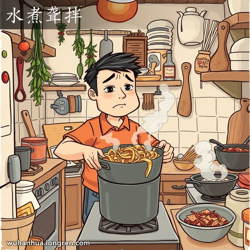 一位武汉男子在厨房里手持一锅食物，表情失望，体现“水煮聋拌”的意思，背景是武汉家庭厨房