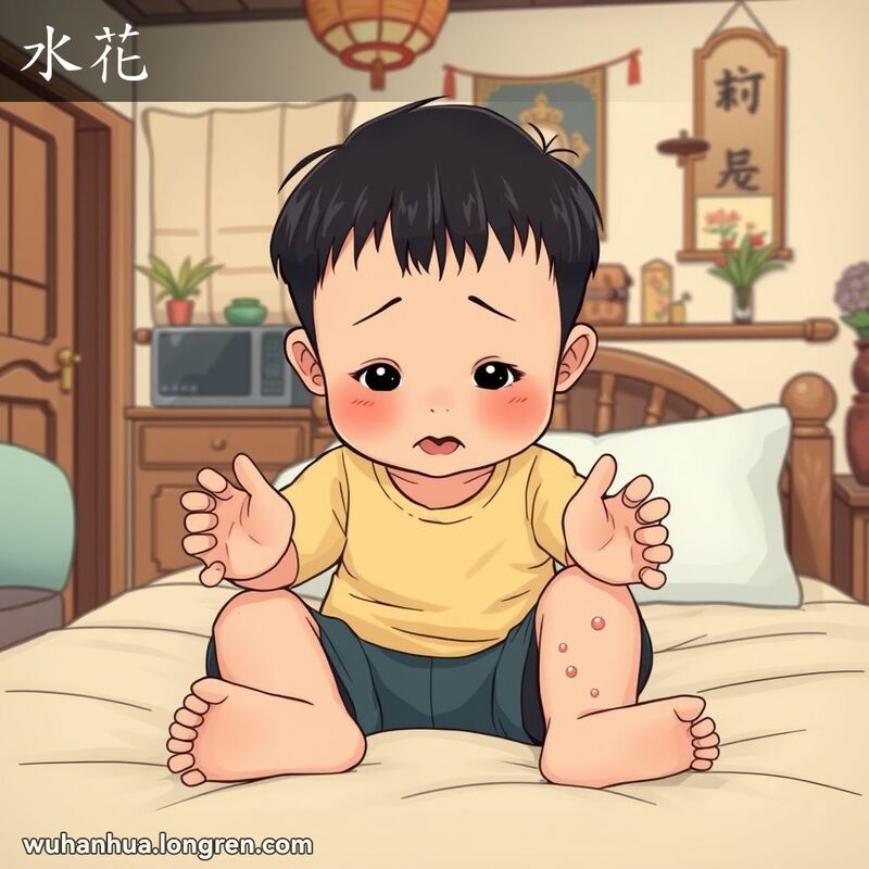 一位年幼的儿童坐在床上，脸色微红，查看自己手臂和腿上的小疙瘩和水泡，表情中带有好奇和不适，背景是温馨的武汉传统家庭场景