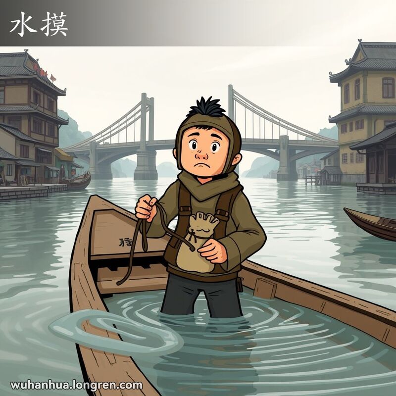 一个穿着传统潜水装备的潜水员从长江中浮出水面，手中拿着一个小袋子，背景是武汉的老街和长江大桥