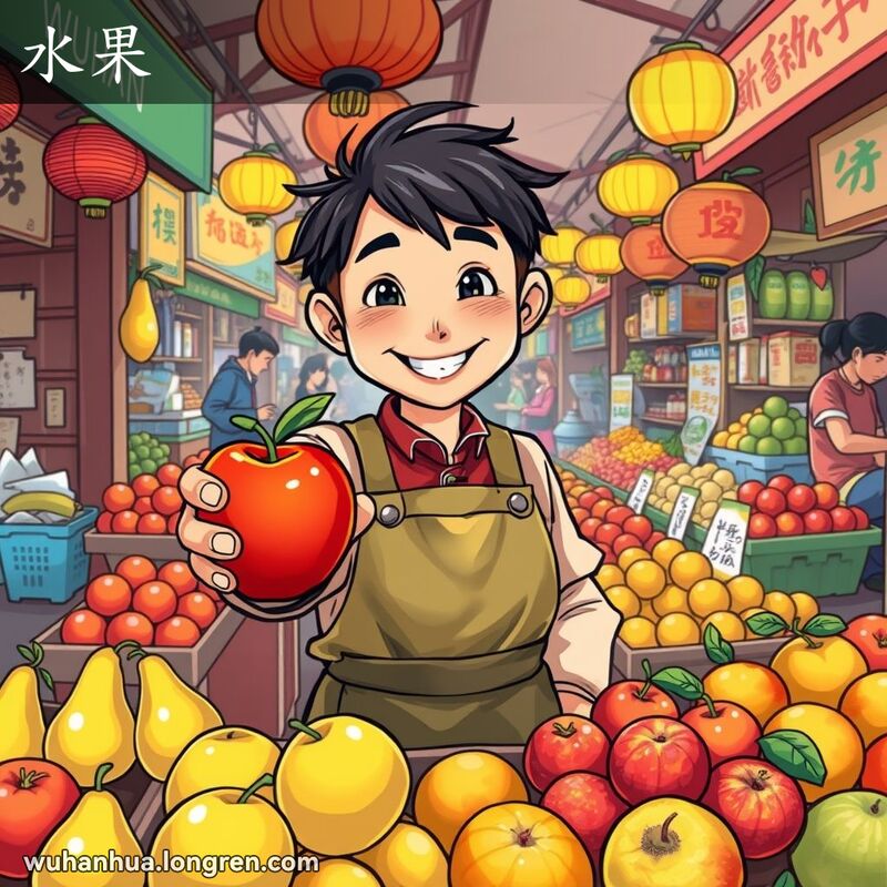 武汉传统市场，摊位上摆满新鲜水果，摊贩微笑邀请品尝苹果