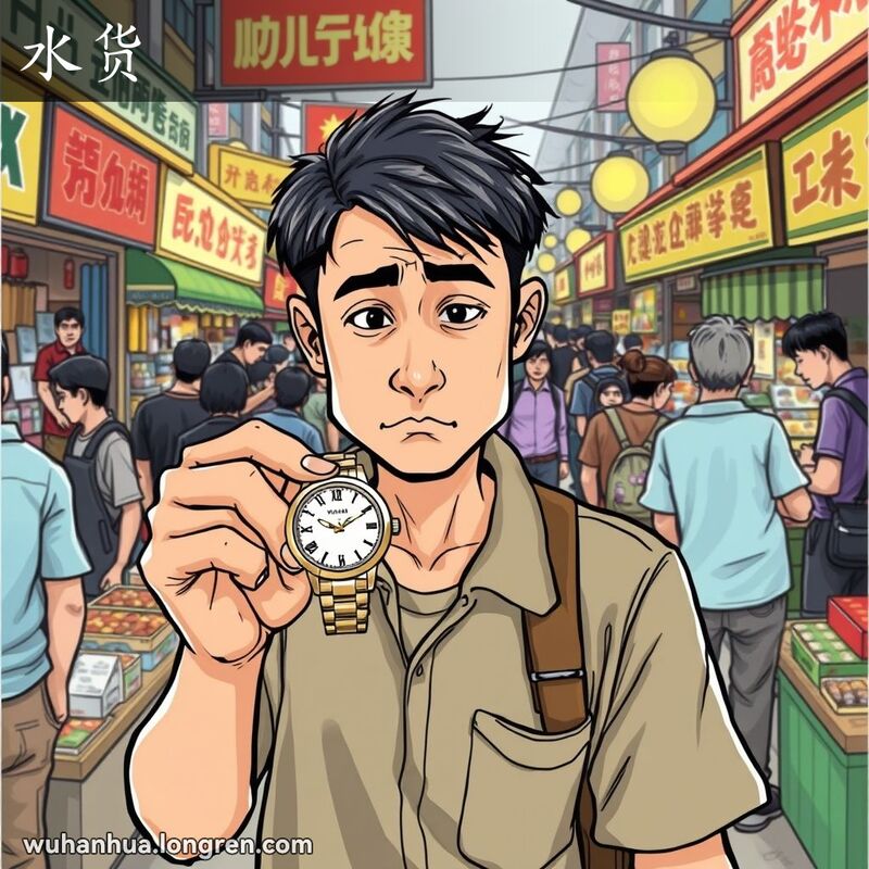 一位武汉市民在市场上手持廉价手表，表情怀疑，背景是热闹的市场和其他质量可疑的商品