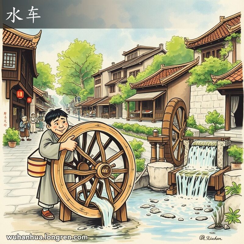 一位男子在武汉传统街景中操作旧式水车提水，背景有小溪和水力驱动的水车。