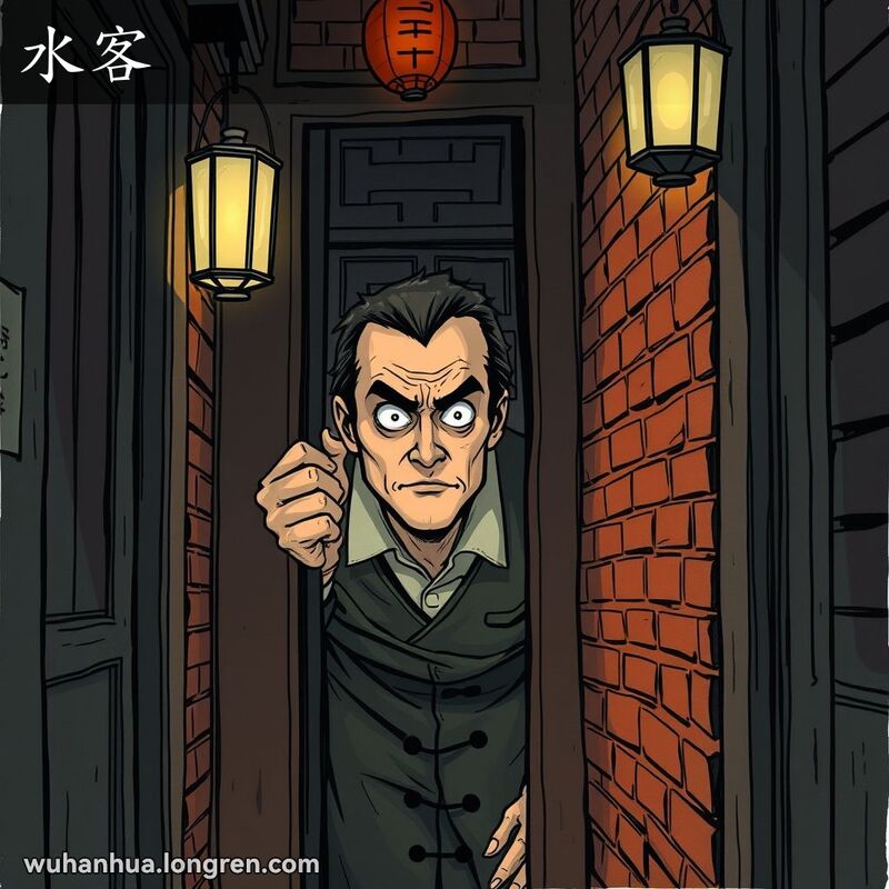 一位男子在武汉老街巷子中偷窥，眼神中透露出好奇和恶意，背景是昏暗的巷子和传统的木门红砖墙。