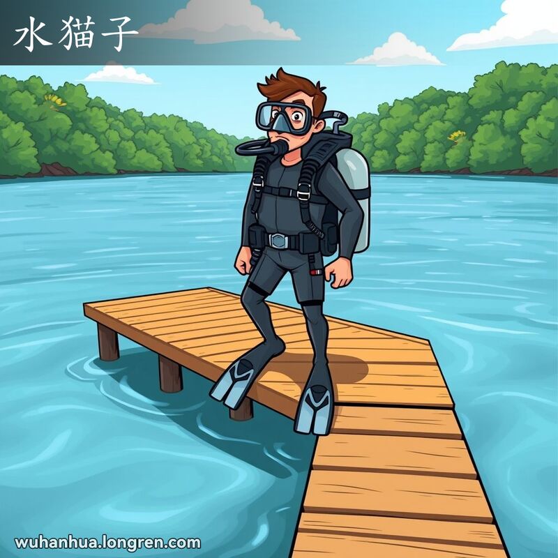 一位潜水员站在码头边，准备跳入水中，背景是宁静的湖泊和茂密的绿树