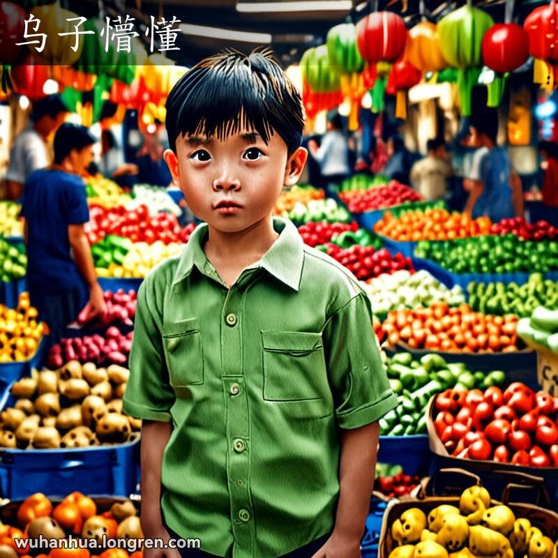 一位武汉小孩在市场中表情迷茫，背景是热闹的市场摊位
