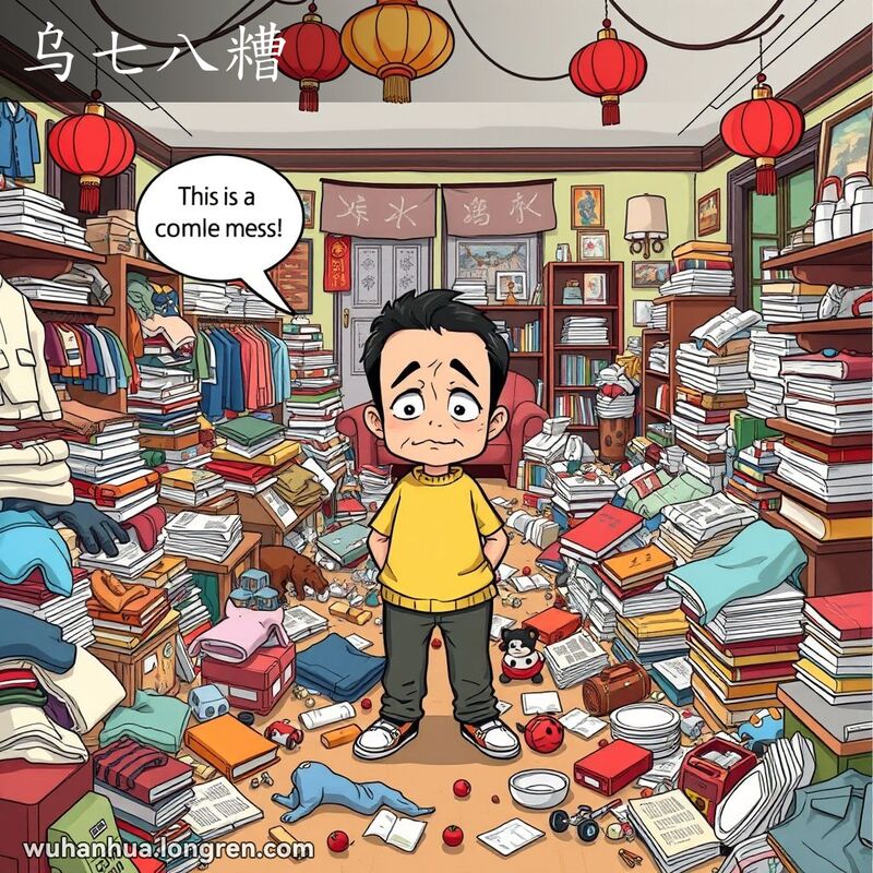 一个人站在凌乱的房间中央，表情困惑和无奈，背景是武汉家庭装饰