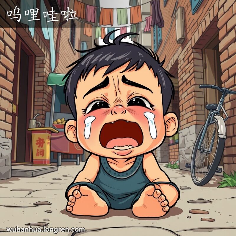 一位武汉小孩坐在地上，哭得非常夸张，泪水满面，背景是武汉老巷子