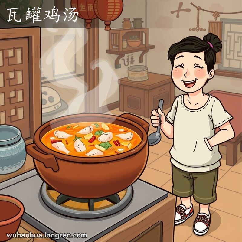 一位武汉市民在厨房中炖瓦罐鸡汤，背景是温馨的家庭氛围
