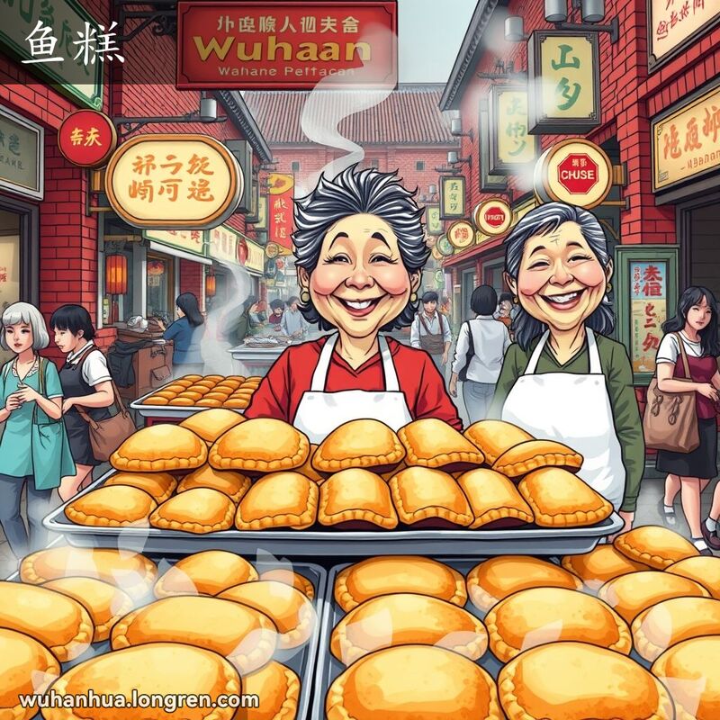 武汉街头市场，摊贩在卖热气腾腾的鱼糕，背景是繁忙的市场和其他摊贩。