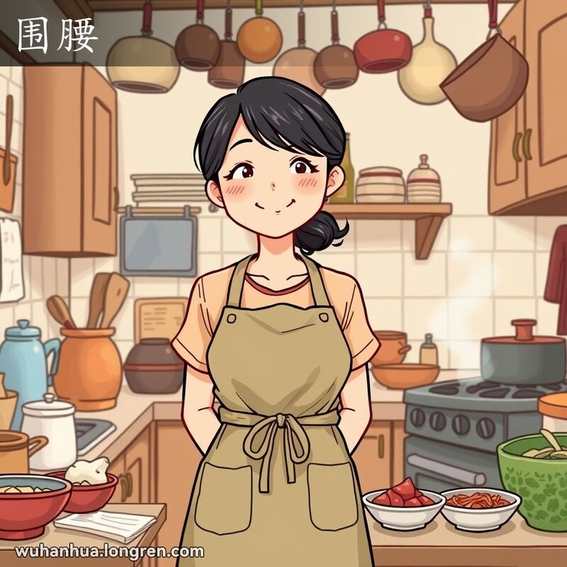 一位武汉妇女在厨房中系着围裙，准备烹饪，背景是温馨的厨房场景