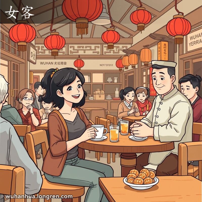 一位年轻女性客人在武汉茶馆中享用茶点，背景有其他顾客和服务员