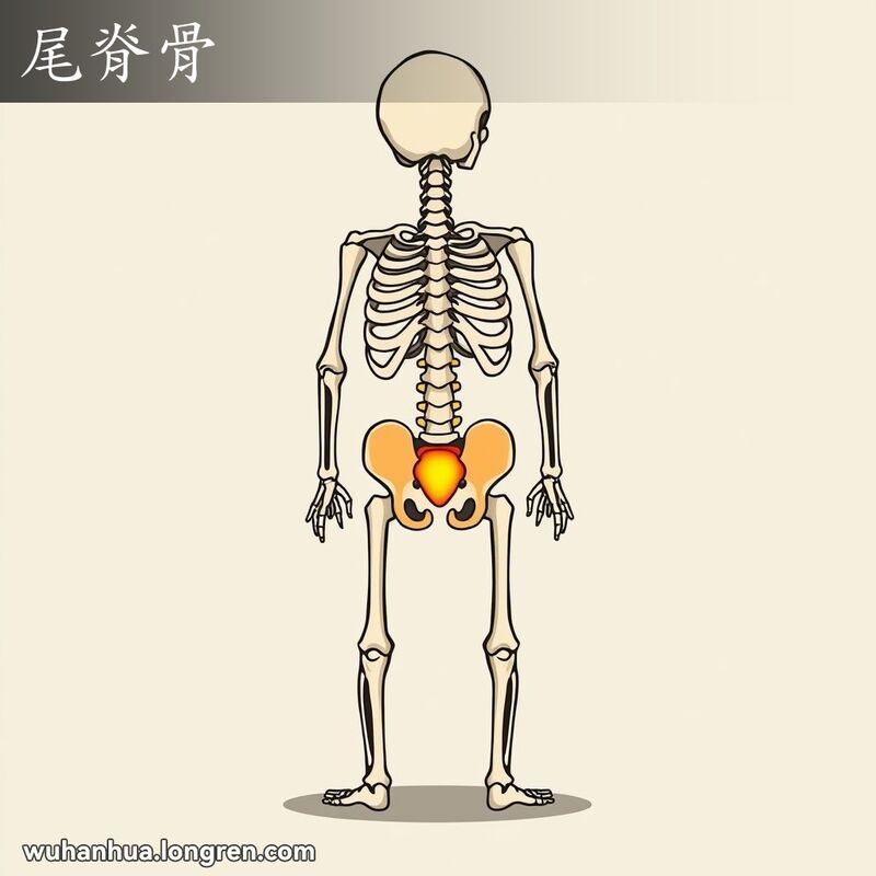 人体骨骼结构图，尾骨位置突出显示，背景简单中性，画风幽默夸张
