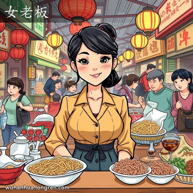一位自信且能干的女性在武汉传统市场的摊位后面，管理着摊位，背景是热闹的市场摊位和顾客。