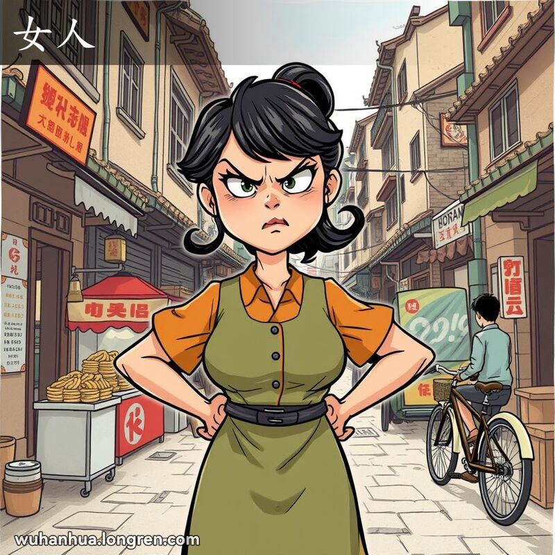 一位武汉女子站在街头，双手叉腰，表情严厉，背景有热干面摊和自行车