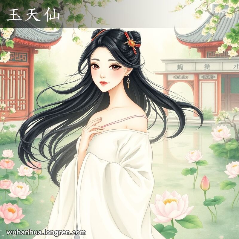 一位美丽的女子身穿白色长裙，站在花园中，周围是盛开的花朵和荷花池塘，背景是传统中国建筑。