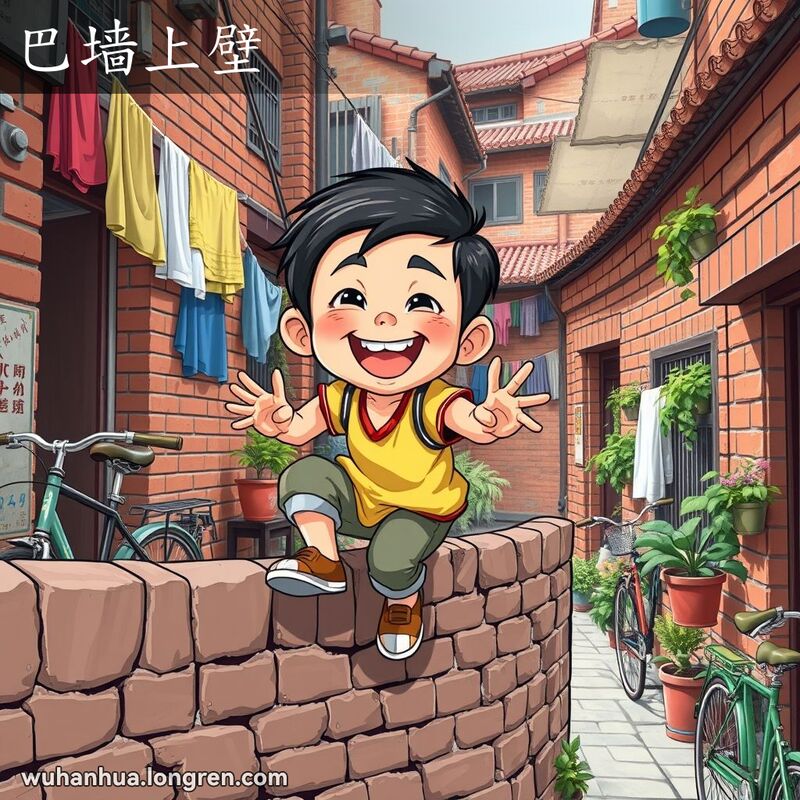 一位活泼的孩子在武汉小巷中攀爬墙壁，脸上带着调皮的笑容，背景是武汉老街景