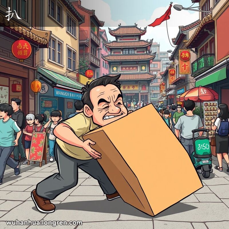 一位武汉男子在街头努力推动沉重物体，表情坚定，背景是武汉街景