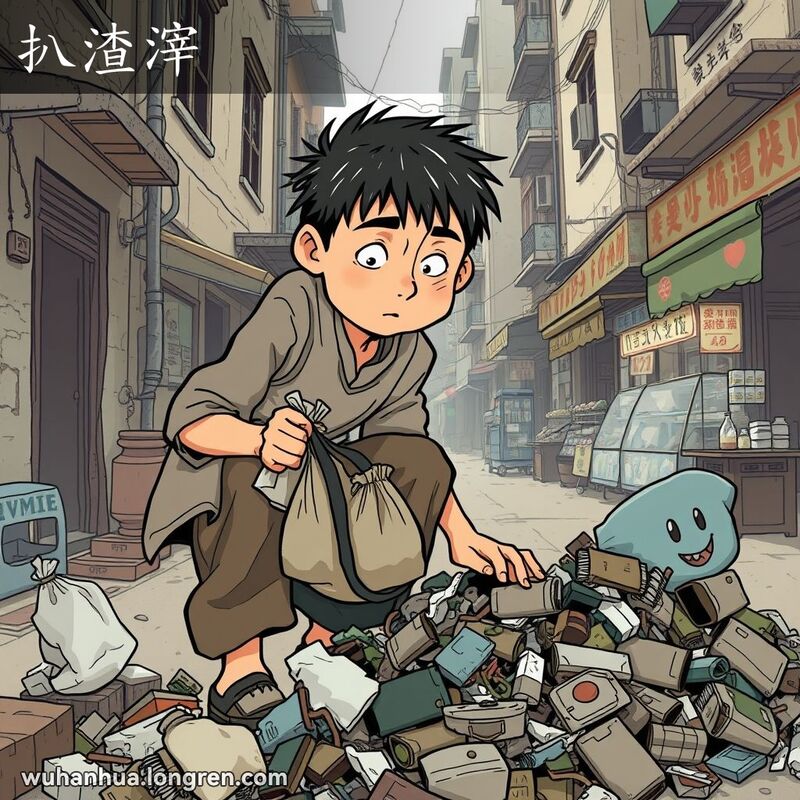 一位穿着简朴的人在武汉街头的垃圾堆中翻找，手里拿着一个小脏塑料袋，背景是老旧的建筑和街边摊贩