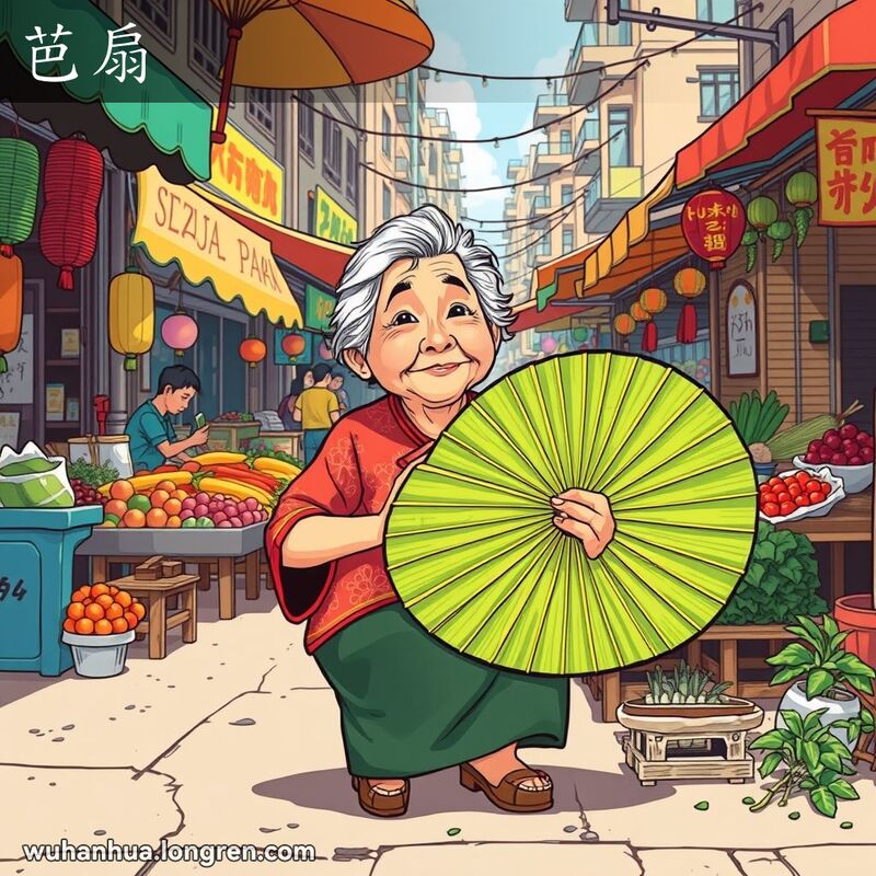 一位老妇人在武汉街头市场用芭扇扇风，背景是忙碌的市场和摊贩。