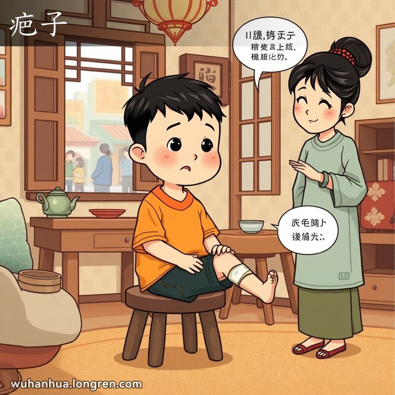 一个小男孩坐在家中的凳子上，膝盖上贴着纱布，露出疤痕，母亲在旁边关心地看着他。