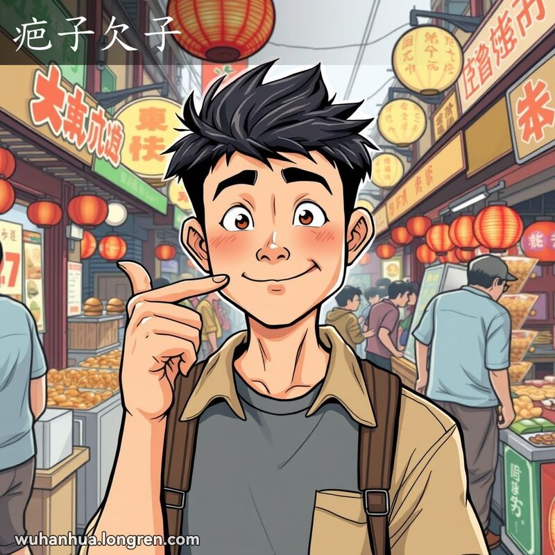 一位年轻男子在武汉街头市场中，脸上有痘痘，用幽默手势指着自己的脸，背景是热闹的小摊贩。