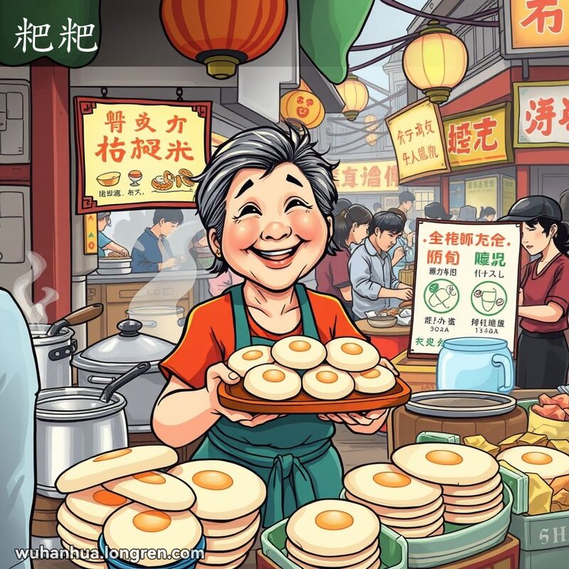武汉街头市场摊位，售卖各种“粑粑”，摊主微笑手持新鲜“粑粑”，背景有蒸汽和招牌