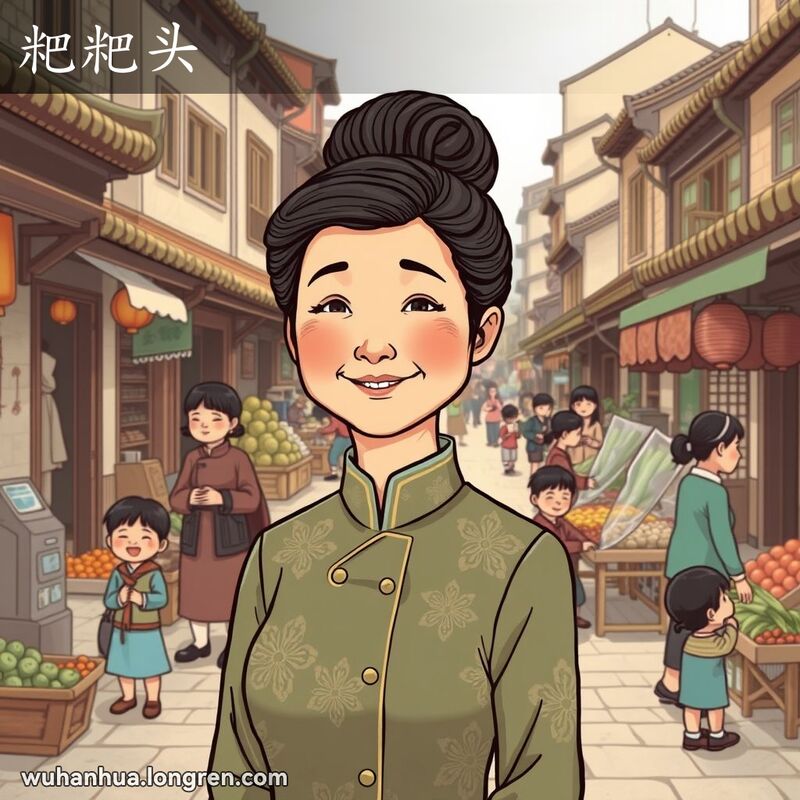 一位中年妇女站在武汉老街，梳着扁圆形的“粑粑头”发髻，背景有传统建筑和市场。