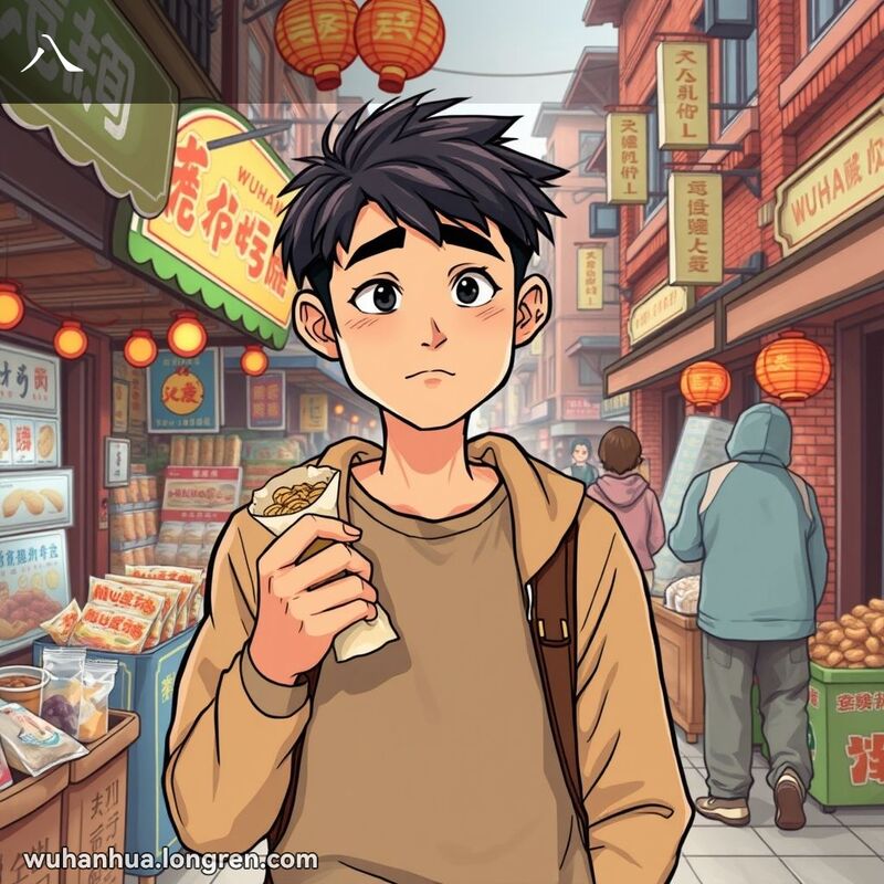一位年轻的武汉市民在市场中拿着几乎空了的小吃袋子，脸上露出失望的表情，背景是繁忙的街头小贩和老式建筑。