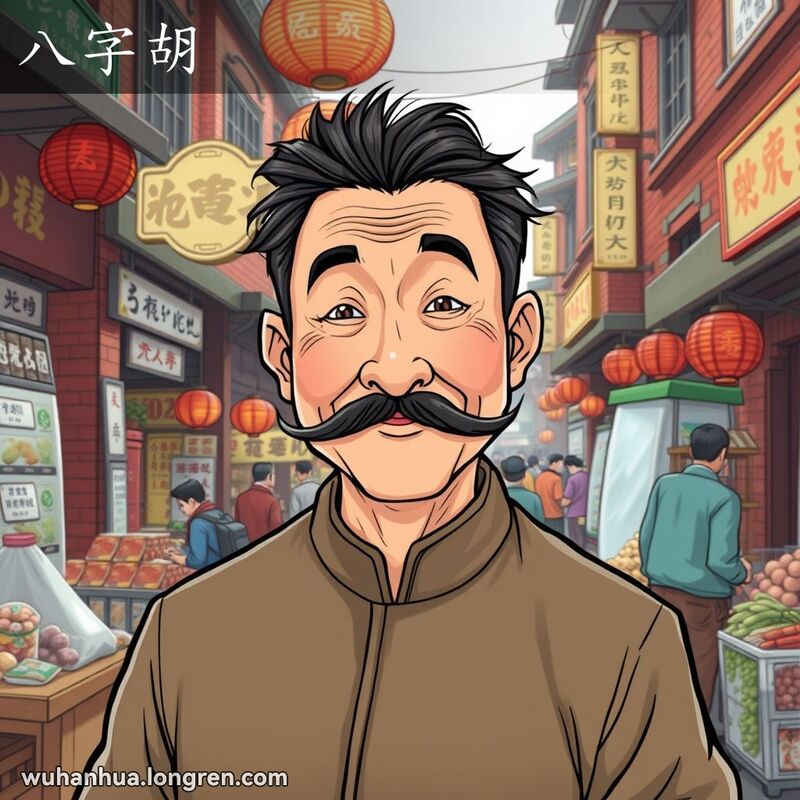 一位中年武汉男子留着八字胡，站在热闹的市场中，背景是武汉老街景
