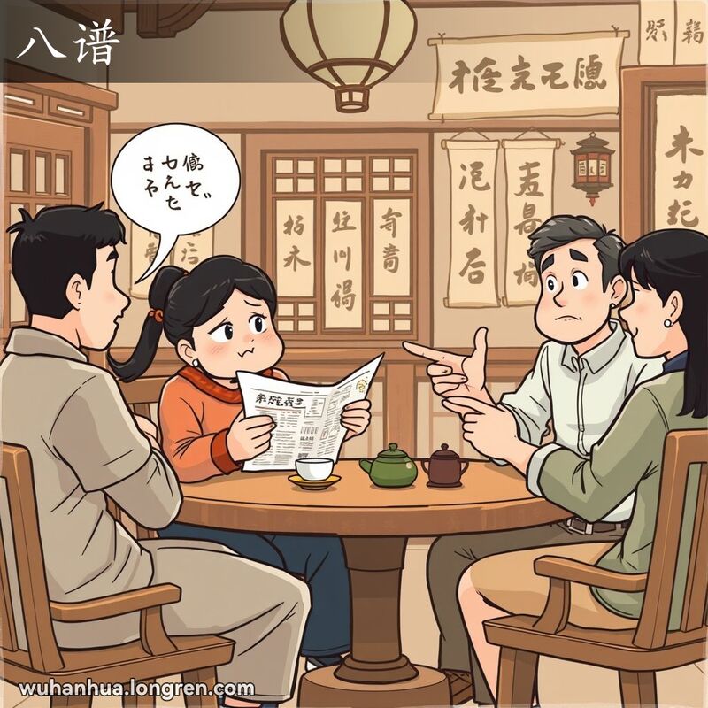 一群朋友在武汉茶馆里，其中一人手持报纸，神情困惑，另一人正在解释，背景有传统茶馆元素。