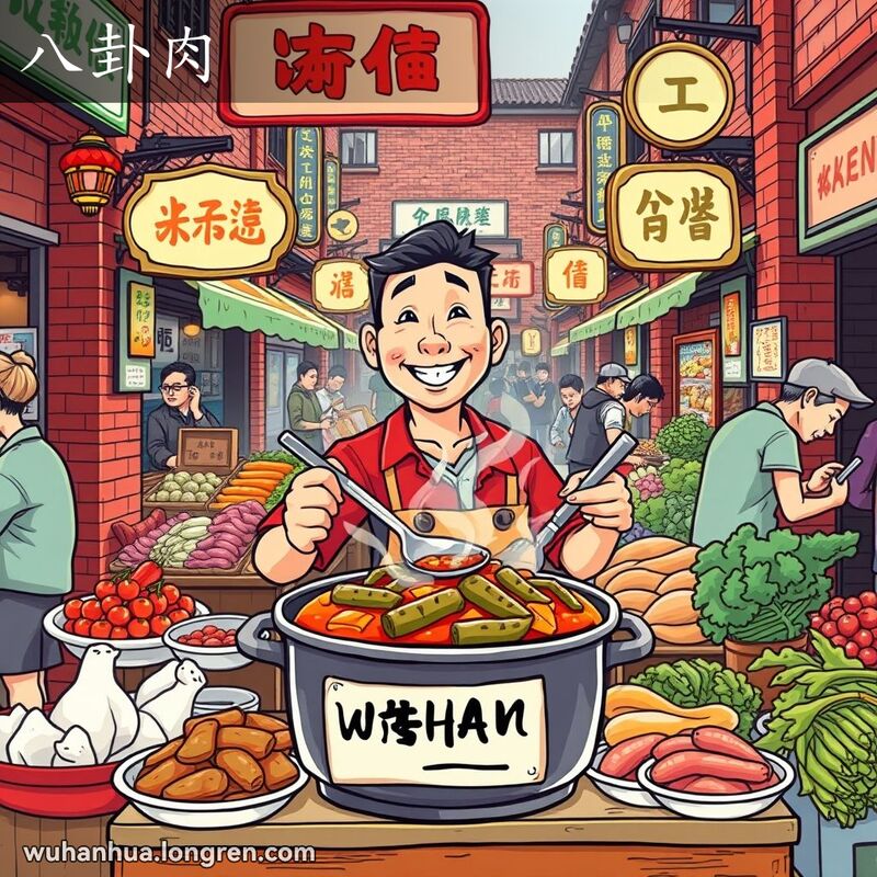武汉街头市场，摊位上有热气腾腾的龟肉炖汤，摊主微笑准备服务，背景是繁忙的市场和新鲜的蔬菜水果