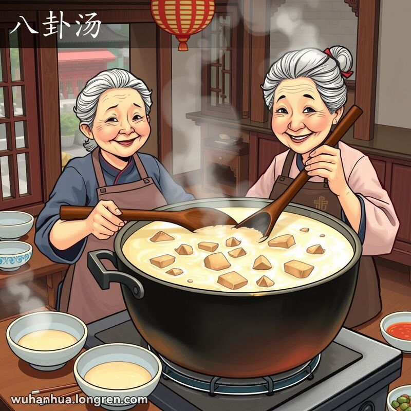 一位老妇人在厨房中烹制八卦汤，汤锅中冒着热气，汤汁浓稠呈乳白色，里面有鲜嫩的乌龟肉，背景有木质餐桌和碗筷，窗外是繁忙的武汉街景