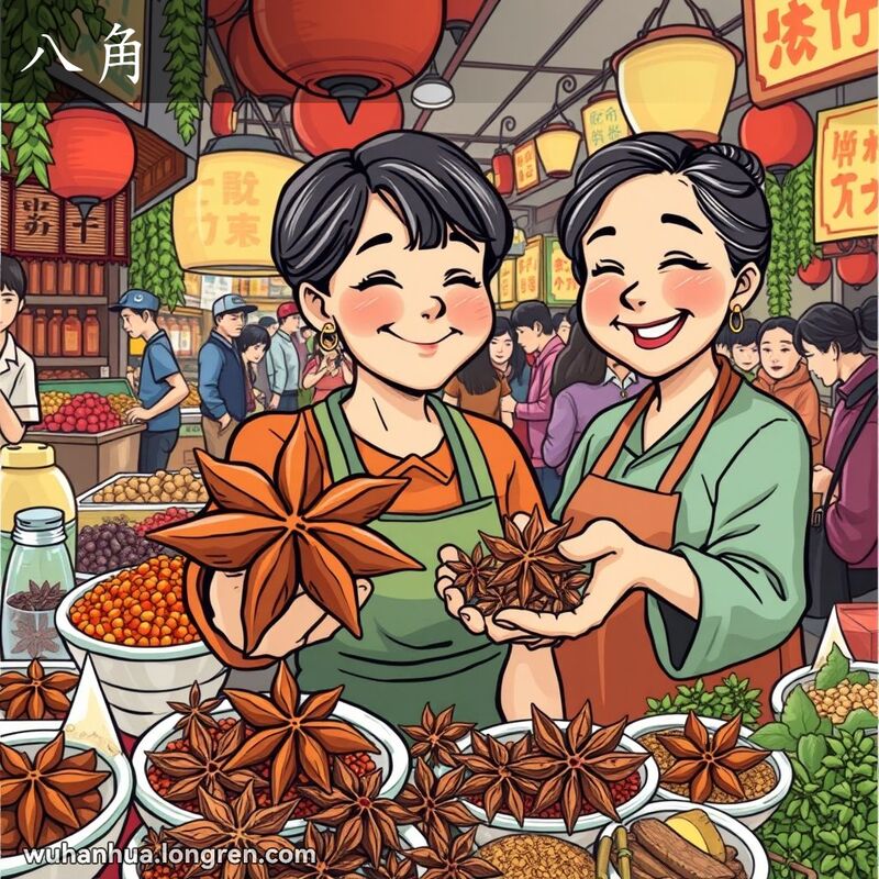 武汉市场中的香料摊位，摊主手持八角茴香，背景有其他香料和食材