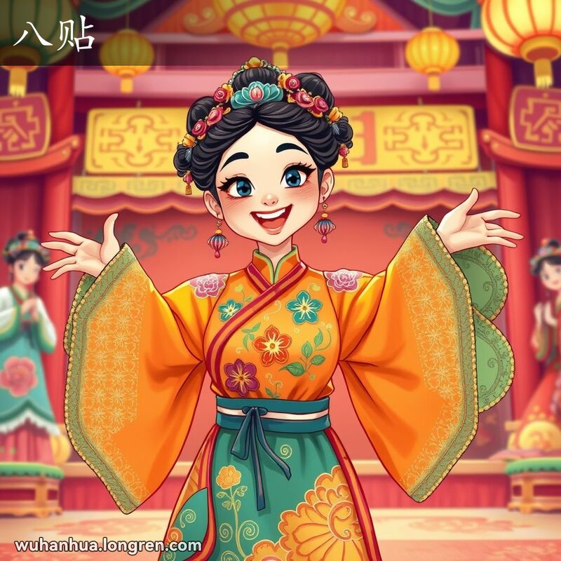 汉剧舞台上，一位女演员扮演‘八贴’角色，表情夸张，动作生动，背景是传统戏剧舞台。