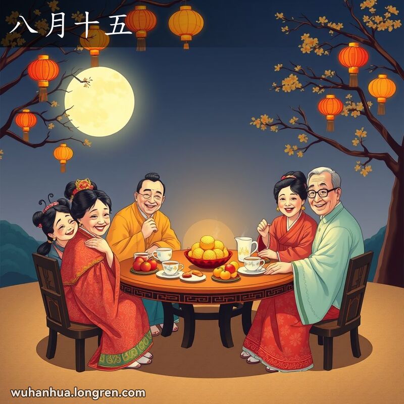 一个中国家庭在中秋节团聚，桌上有月饼和水果，背景是满月和灯笼