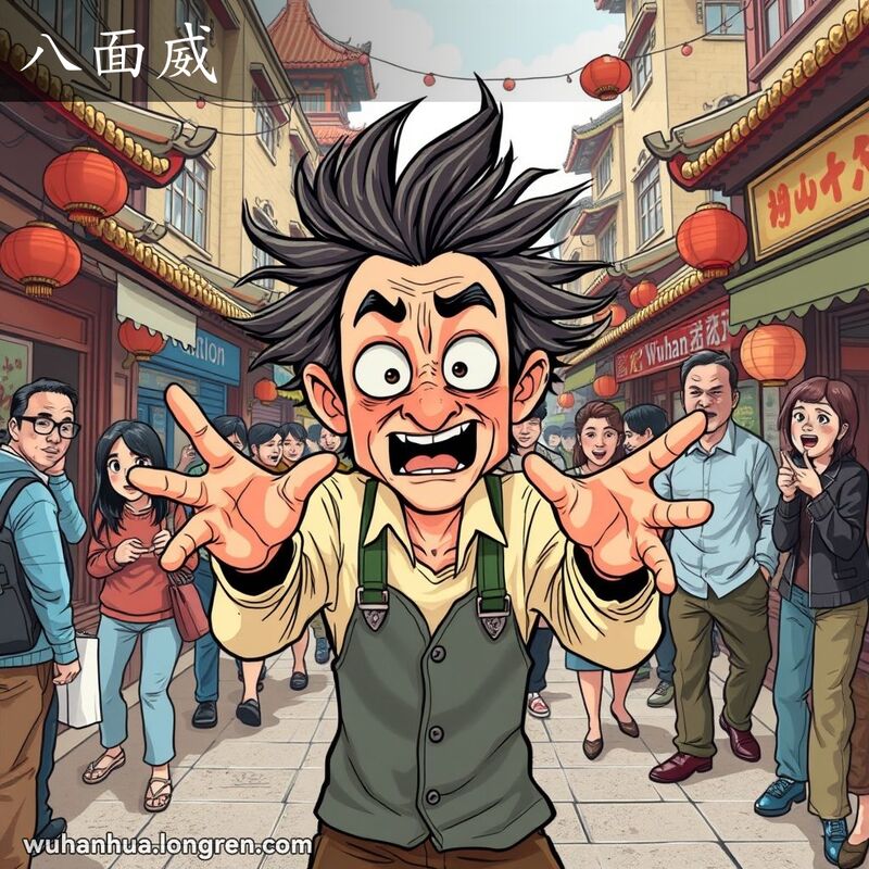 一位男子在武汉街头激动地手舞足蹈，背景是传统建筑和本地商店，人们惊讶地看着他。
